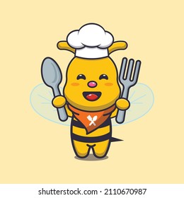 cute bee chef mascot cartoon character holding spoon and fork 