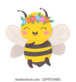 Cute Bee childish vector illustration in flat style. Funny bees Insect. For poster, greeting card and children s design. Baby style drawing