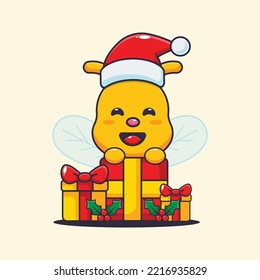 Cute bee with christmas gift. Cute christmas cartoon illustration. 