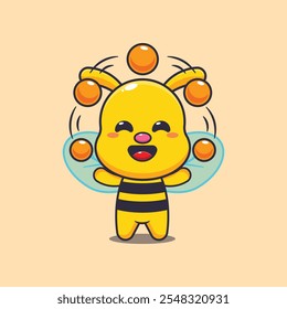 Cute bee circus attraction with balls cartoon vector illustration. vector cartoon illustration suitable for poster, brochure, web, mascot, sticker, logo and icon.