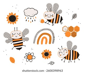 Cute bee clipart set with smiling bees, honeycombs, rainbows, clouds, sunflowers, and leaves. Vector hand-drawn cartoon collection for kids' prints, nursery decor, and digital projects.