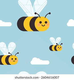 Cute Bee  Cloud Pattern: Flat Vector on Blue. A cheerful pattern of bees with smiles and clouds, designed in a flat vector style against a light blue background.