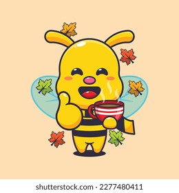 Cute bee with coffee in autumn season. Mascot cartoon vector illustration suitable for poster, brochure, web, mascot, sticker, logo and icon.