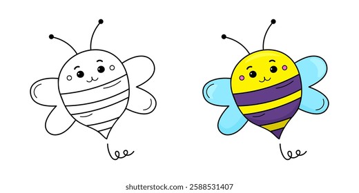 Cute Bee Coloring Page.  Color book for kids with colored example. Black and white Vector stock image isolated on white background. For children. 