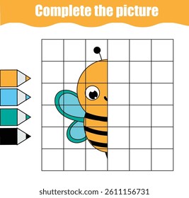 cute bee. complete picture by grid. educational children game. learning activity for toddlers. insects theme.