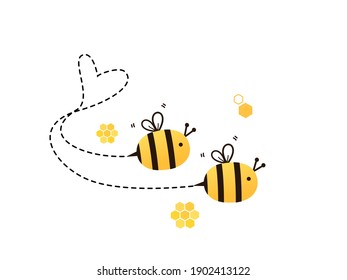 Cute bee couple with heart shaped dotted line isolated on white background vector illustration. Valentine's day.