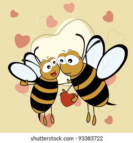 Cute bee couple holding a heart in on brown color seamless heart shape background with copy space for Valentines Day and other occasions.