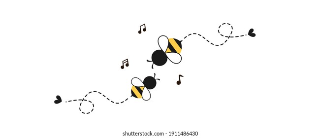 Cute bee couple with music notes and heart icon isolated on white background vector illustration.