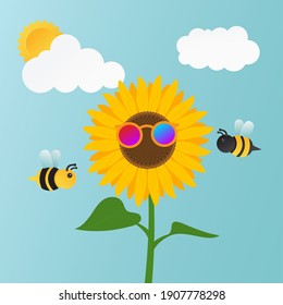 Cute bee couple at sunflower field in the morning. Sunflowers wearing sunglasses. illustration vector
