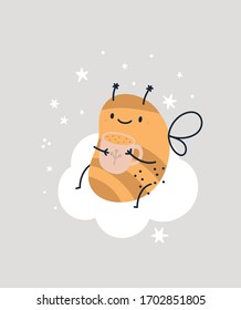 Cute bee with cup of tea on the cloud. Cartoon honeybee character vector illustration. Bumblebee in flat style. Ideal for poster, kids room decoration, card, invitations, print