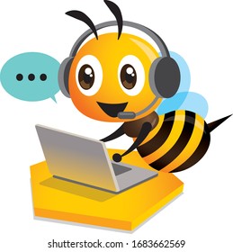 Cute bee customer service operator with bubble talk. Cute bee wearing headset using computer laptop for customer support - vector character