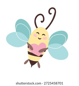 Cute bee in delicate flowers with a heart. Hand-drawn illustration in flat style.