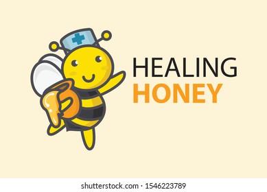 Cute bee doctor holds a jar of honey. Funny healing honey logo. Design for print, emblem, t-shirt, party decoration, sticker, logotype.
