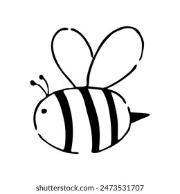 Cute bee in doodle style. Vector outline illustration. Black white cartoon honey insect on isolated background.