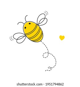 Cute bee with dotted line flight and heart. Apiary for the production of honey. Printing on children's clothing, decorative pillows. Vector graphics.