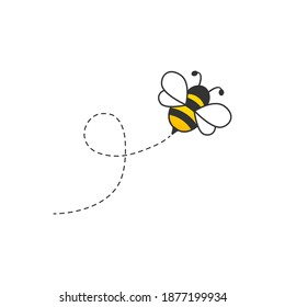 Abeja linda con una ruta de puntos. Caricatura de abeja voladora. Ilustración de insectos de animales vectores aislados en blanco