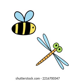 Cute bee and dragonfly isolated on white background. Funny insect for children. Flat cartoon vector illustration