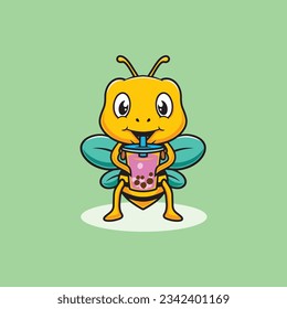 Cute bee drinking boba cartoon illustration