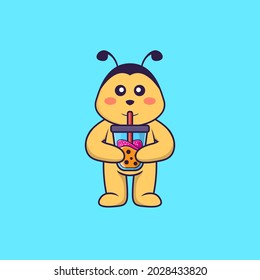 Cute bee Drinking Boba milk tea. Animal cartoon concept isolated. Can used for t-shirt, greeting card, invitation card or mascot.