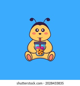 Cute bee Drinking Boba milk tea. Animal cartoon concept isolated. Can used for t-shirt, greeting card, invitation card or mascot.