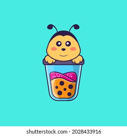 Cute bee Drinking Boba milk tea. Animal cartoon concept isolated. Can used for t-shirt, greeting card, invitation card or mascot.