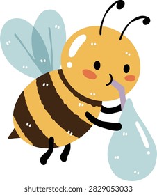 Cute bee drinking water drop vector illustration, cute cartoon honeybee sipping water drop with straw, refreshing summer drink insect character design element isolated on white background.