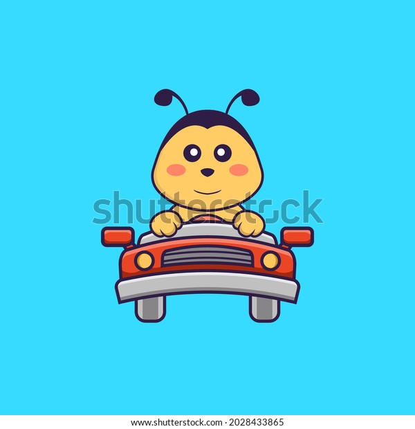 Cute\
bee is driving. Animal cartoon concept isolated. Can used for\
t-shirt, greeting card, invitation card or\
mascot.