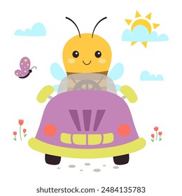 cute bee driving car, vector illustration for baby shower, greeting card, party invitation, fashion clothes t-shirt print