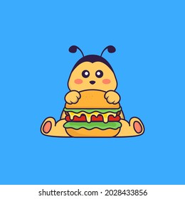 Cute bee eating burger. Animal cartoon concept isolated. Can used for t-shirt, greeting card, invitation card or mascot.