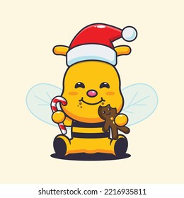 Cute bee eating christmas cookies and candy. Cute christmas cartoon illustration. 