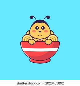 Cute bee eating ramen noodles. Animal cartoon concept isolated. Can used for t-shirt, greeting card, invitation card or mascot.