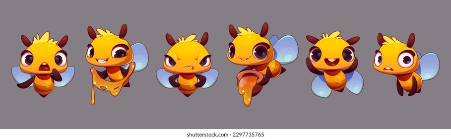 Vector de mascota de expresiones de emoción de abejas. Caricatura aislada de carácter feliz y divertido con miel deliciosa, palo y conjunto de flores blancas. Colección de adorable ícono de insecto de abeja de miel con alas