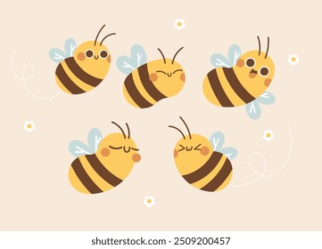 Cute Bee Expression Illustration Character Collection. Isolated Flat Vector Style.