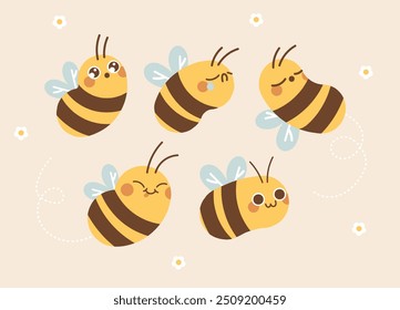 Colección linda del carácter de la ilustración de la expresión de la abeja. Vector plano aislado.