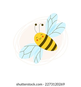 Cute bee with eyes and smiling mouth flapping its wings. Flight of bumblebee. Vector children's illustration on isolated white background. 