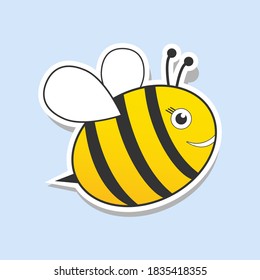 Cute bee flat icon. Sticker cartoon bee. Vector isolated on blue background.