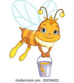 Cute bee flies with a bucket full of honey