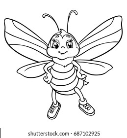 Cute bee flies. Isolated on a white background. Outlined for coloring book.