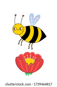 A cute bee flies over a beautiful bright flower. Children's illustration isolated on a white background.