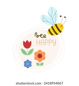 Cute bee flies over flower meadow with smile. Vector Happy Birthday card in minimalist style with wishes to be happy.