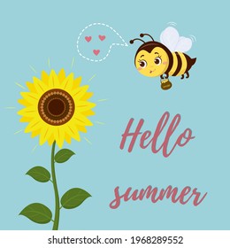 A cute bee flies to the sunflower flower to collect nectar. Postcard Hello Summer. Vector, cartoon style.