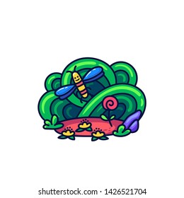 Cute bee and flower in doodle style. May be used as sticker, coloring, badge, print or in another project. Vector illustration.