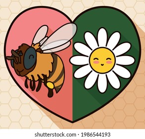 Abeja y flor en el interior de una forma cardíaca de estilo plano y sombra larga sobre el patrón de las abejas.