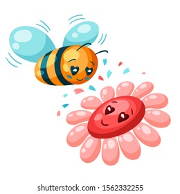 Cute bee and flower in love. Valentine Day greeting card. Illustration of kawaii characters with eyes hearts.