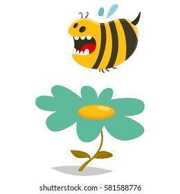 Cute bee and flower vector cartoon illustration isolated ona  white background.