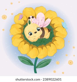 Cute Bee with Flower Vector Watercolor