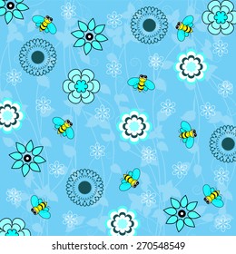 Cute bee with flowers background-Vector illustration