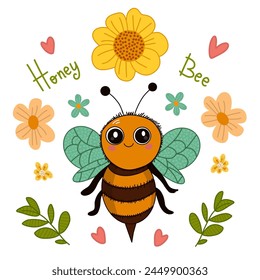 Cute Bee and flowers. Funny cartoon hand drawn bee isolated  on white background. Vector illustration.