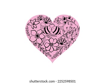 Cute Bee and Flowers Vector illustration. Bee Kiss in Heart Shape art emblem isolated on White Background, Flat style for Graphic and Web Design, Logo.