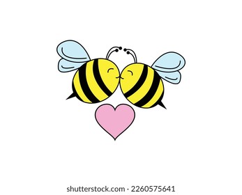 Cute Bee and Flowers Vector illustration. Bee Kiss in Heart Shape art emblem isolated on White Background, Flat style for Graphic and Web Design, Logo.